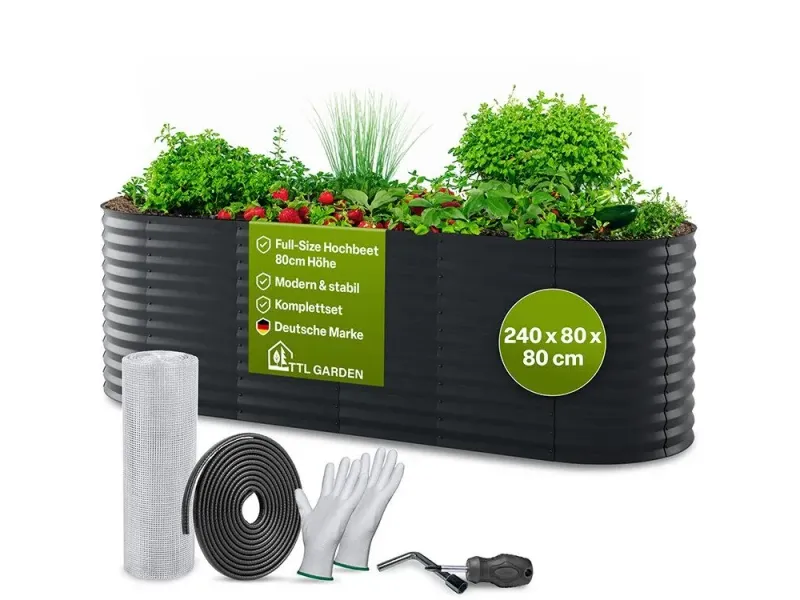 TTL GARDEN Ovales Garten-Hochbeet ELEGANCE – 240 × 80 × 80 cm, Verzinkter Stahl Anthrazit